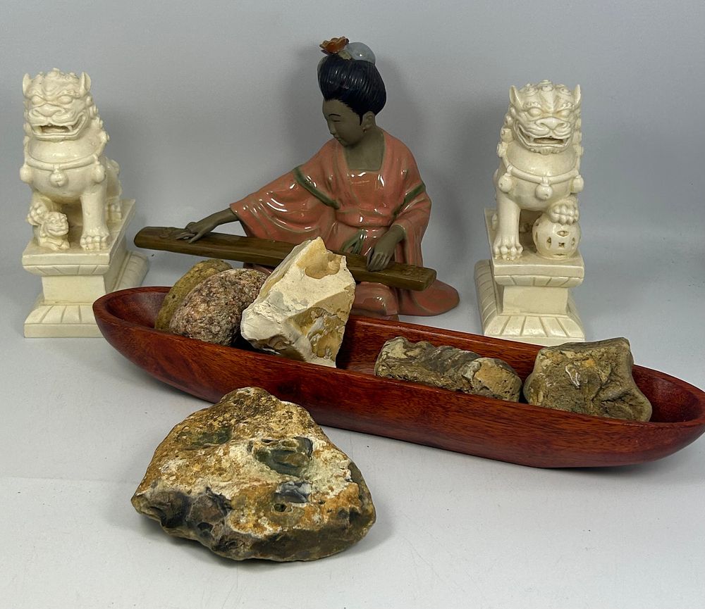 Lot 246: Oriental Figures One AF, Plus Treen Dish, Fossils...