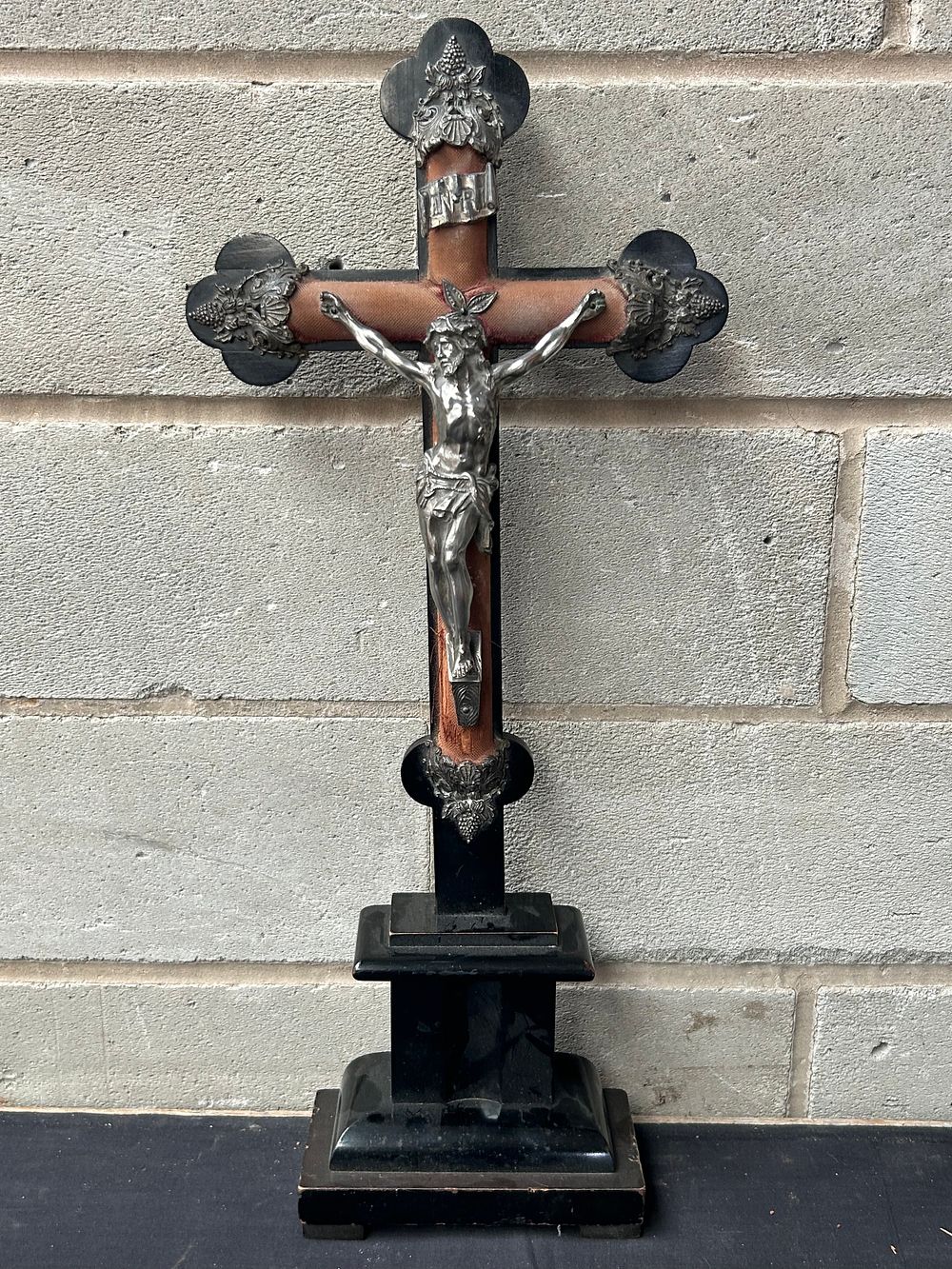 Lot 280: Large Wood And White Metal Crucifix 21" x...