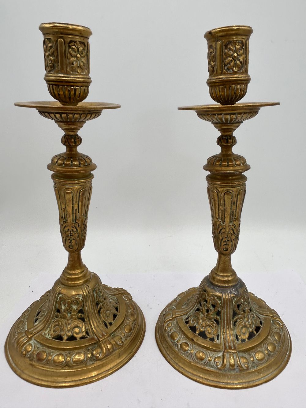 Lot 331: Elaborately Decorated Pair Of Brass Candle Sticks, 10"...