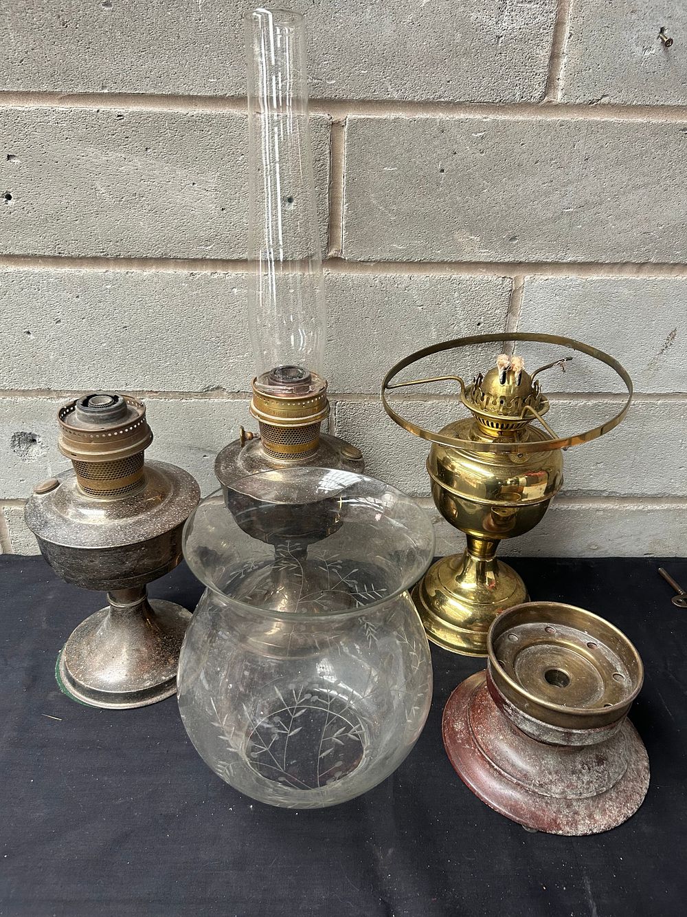 Lot 350: Three Large Brass Oil Lamps.