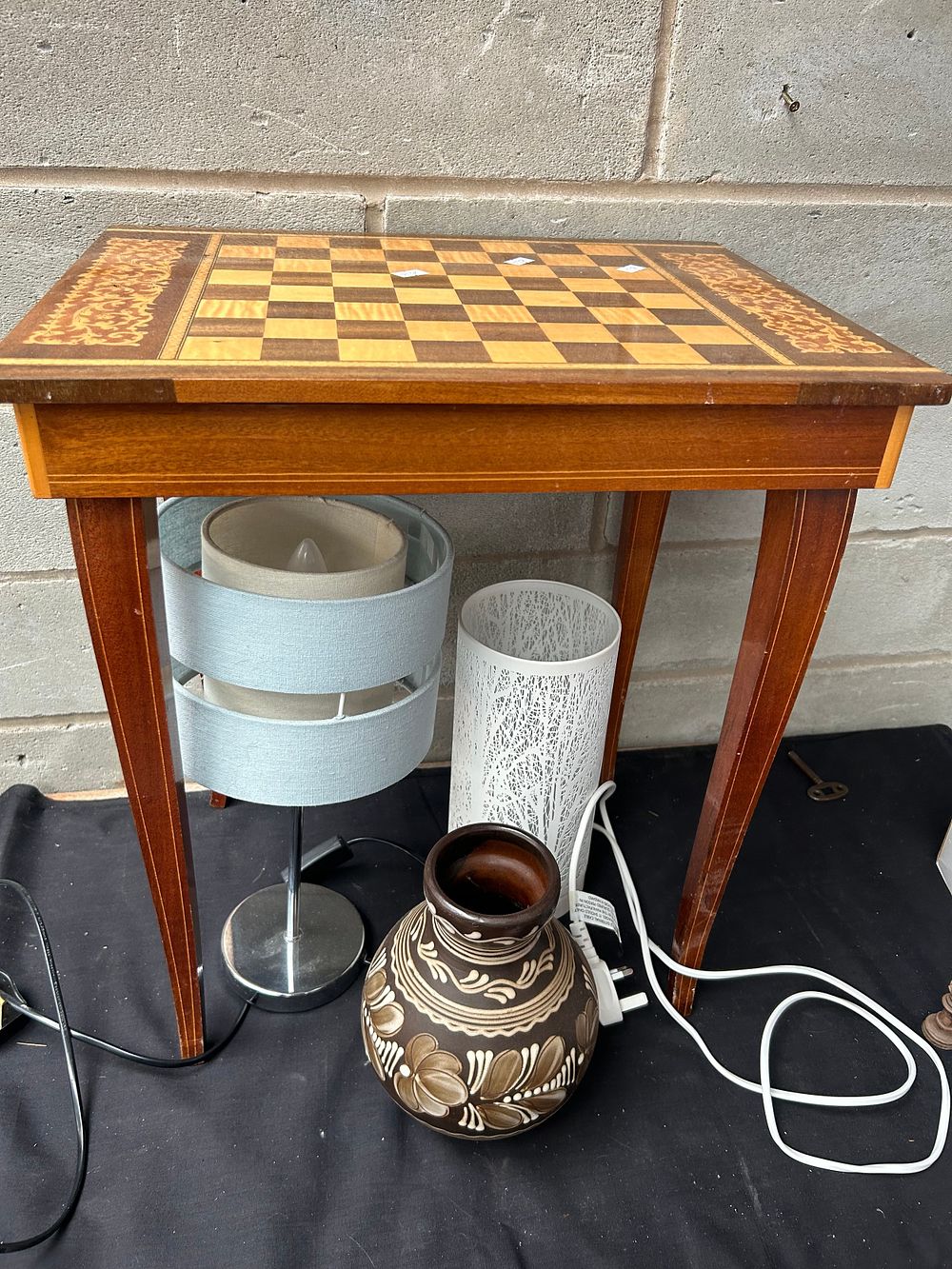 Lot 352: Chess Table, Two Lamps And Vase.