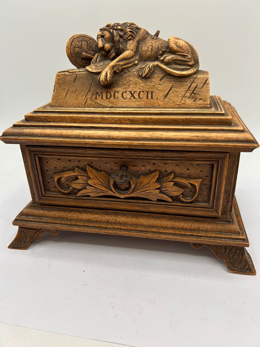 Lot 358: Lovely Black Forest Carved Lockable Box , 7"x7".