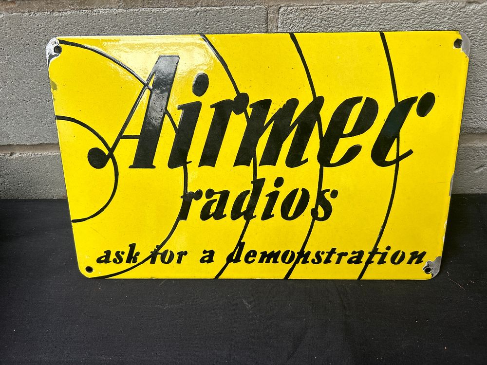 Lot 383: Enamel Airmec Radios Sign 14 x 9”