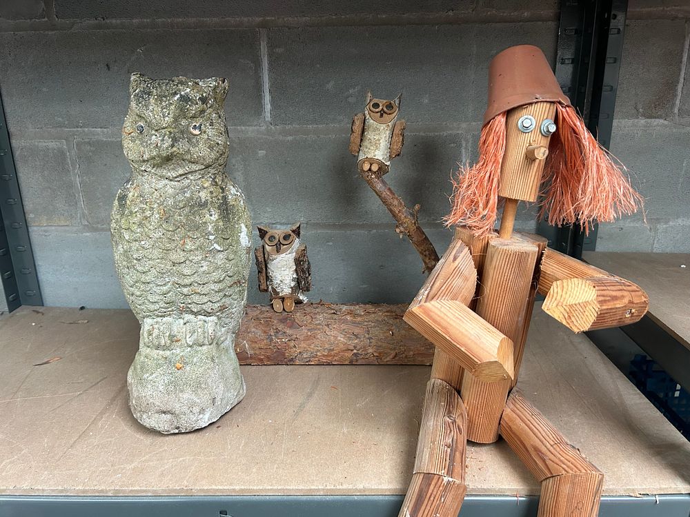 Lot 402: Stone Garden Ornament And Wooden Ornaments.
