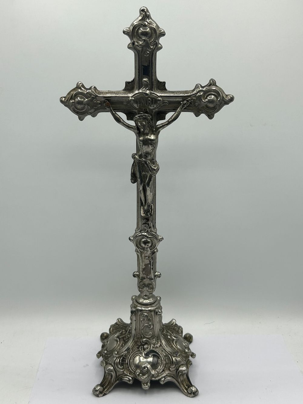 Lot 435: Heavy Detailed Chrome Crucifix Standing 16”