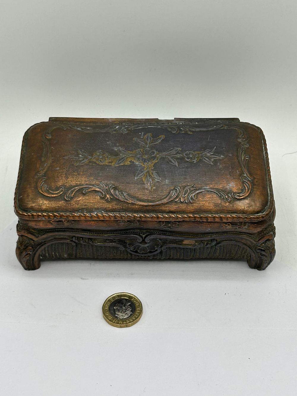 Lot 446: Stunning Antique Copper Trinket Box With Heavy Detail...