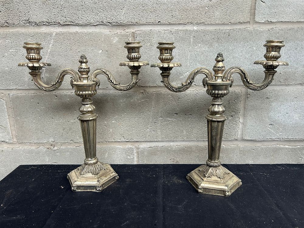 Lot 449: Pair of Heavy Silver Plated Candle Holders Standing...