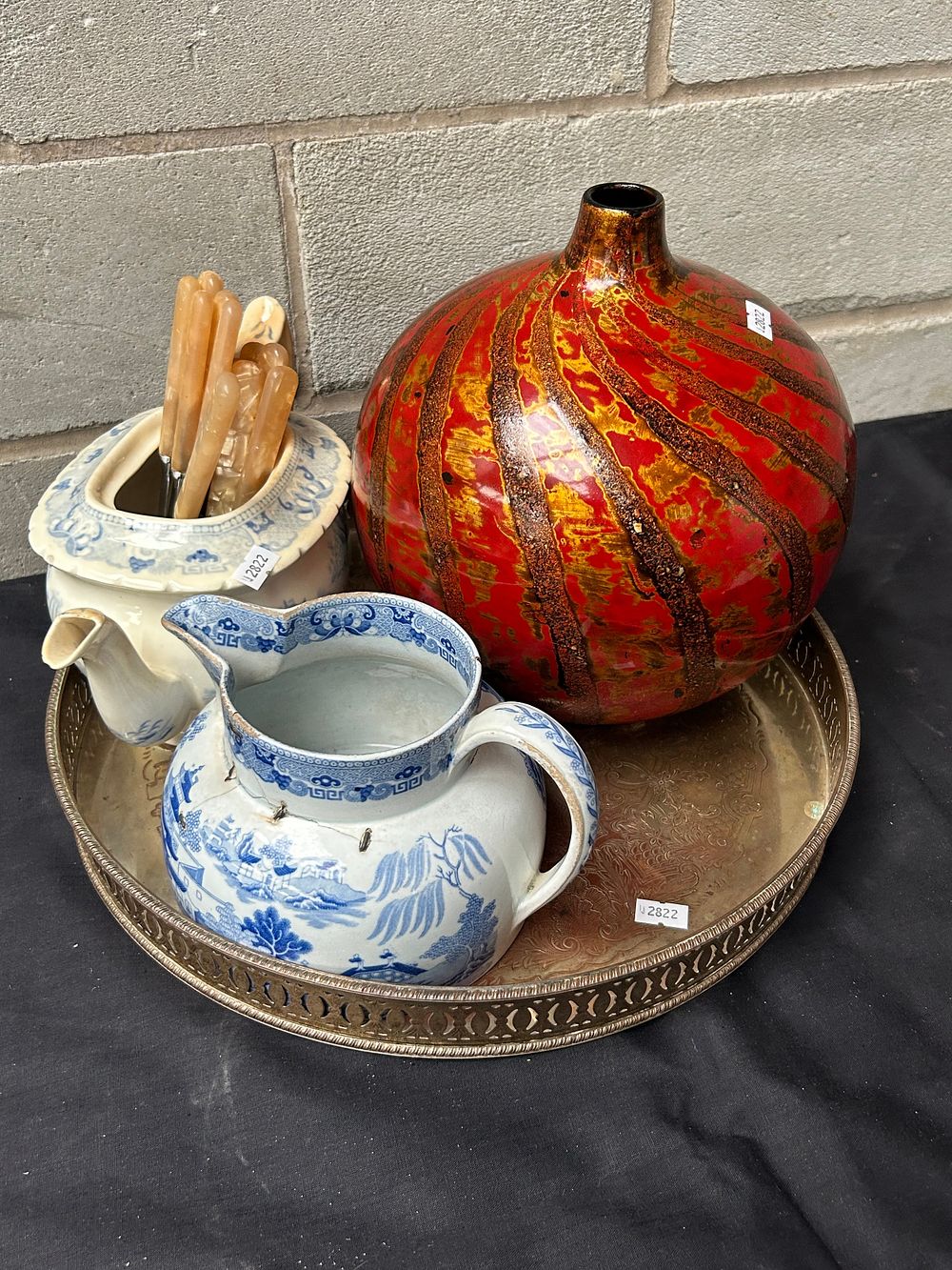 Lot 463: White Metal Tray With Blue And White Ceramics,...