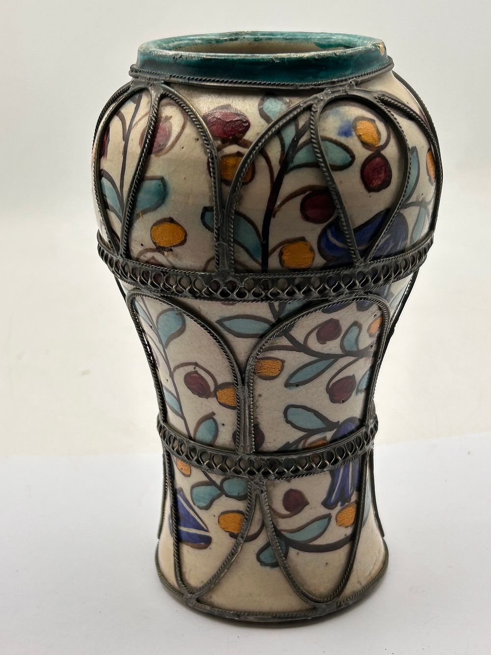 Lot 375: Vintage Moroccan Ceramic Vase with Metal Filigree, 6” Tall