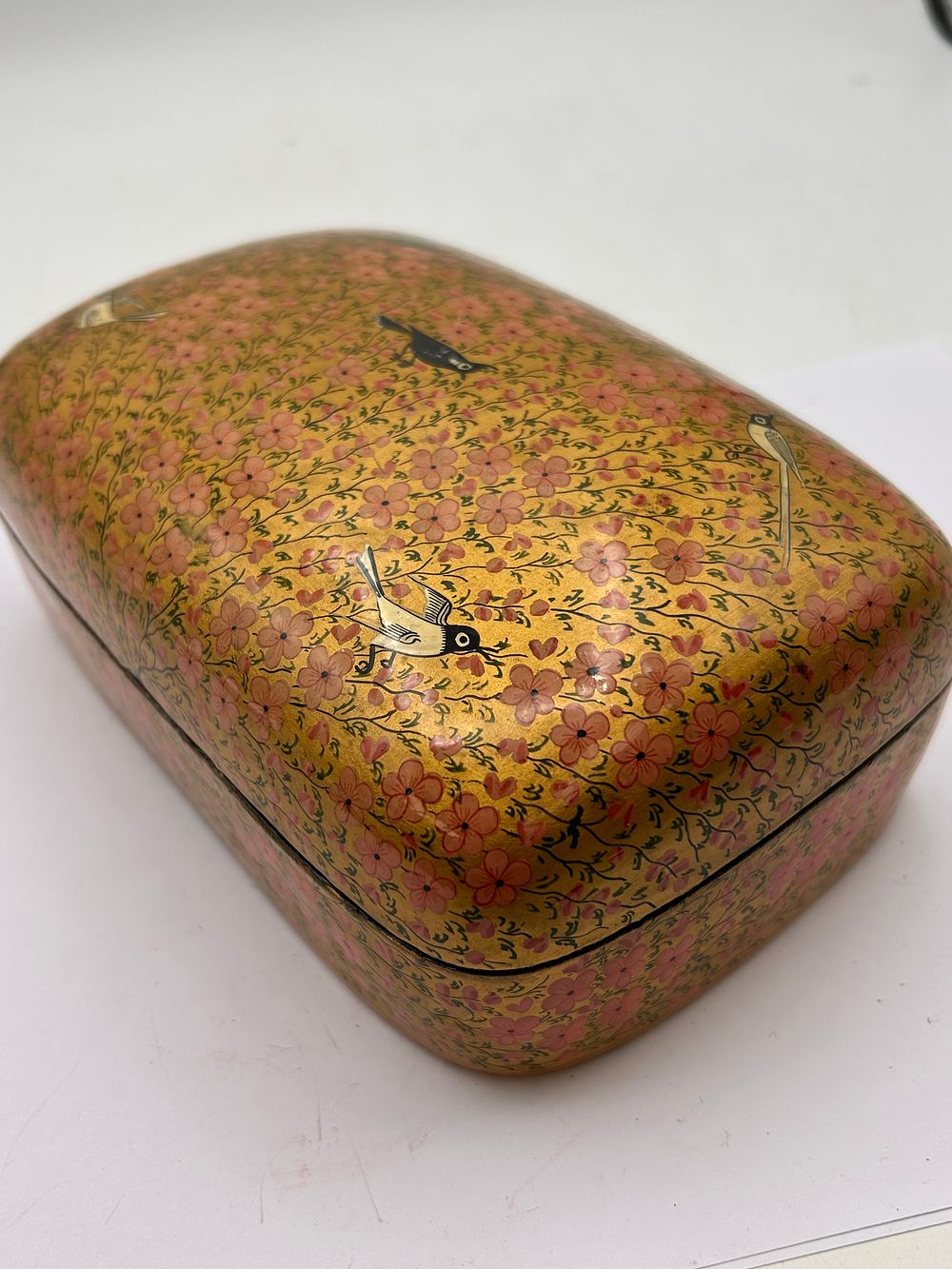 Lot 376: A Kashmiri Hand-Painted Papier Mâché Lidded Box with Bird and Floral Decoration
