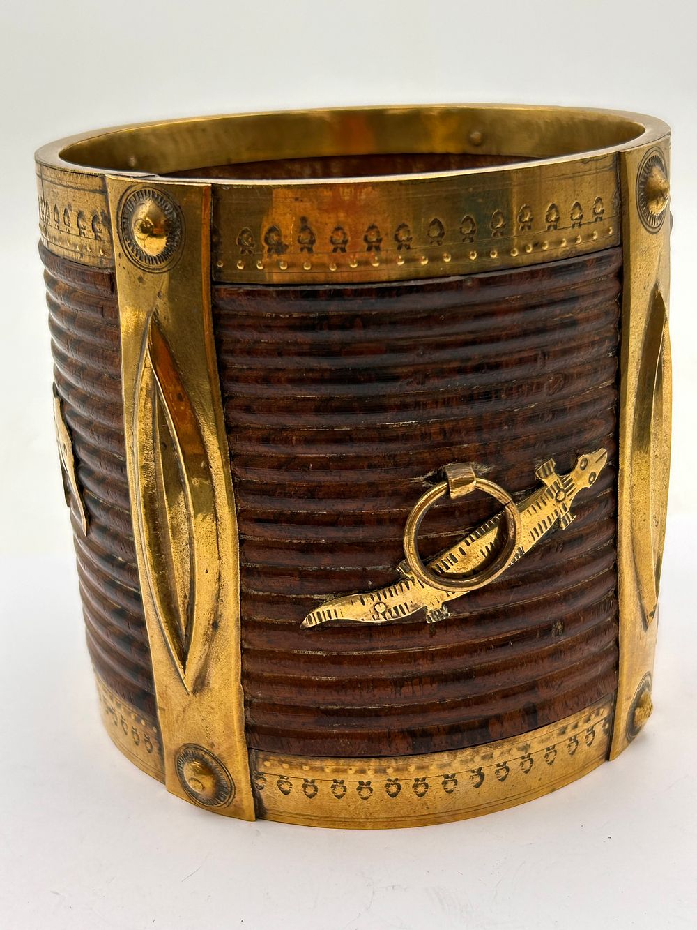Lot 377: A Late 19th/Early 20th Century Anglo-Indian Brass-Mounted Wood Planter with Animal Motifs, 4.5” Tall