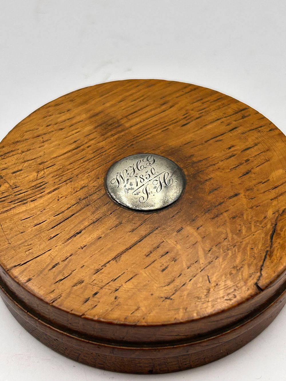 Lot 382: A Mid-19th Century Oak Box with Engraved Silver  Plaque, dated 1850