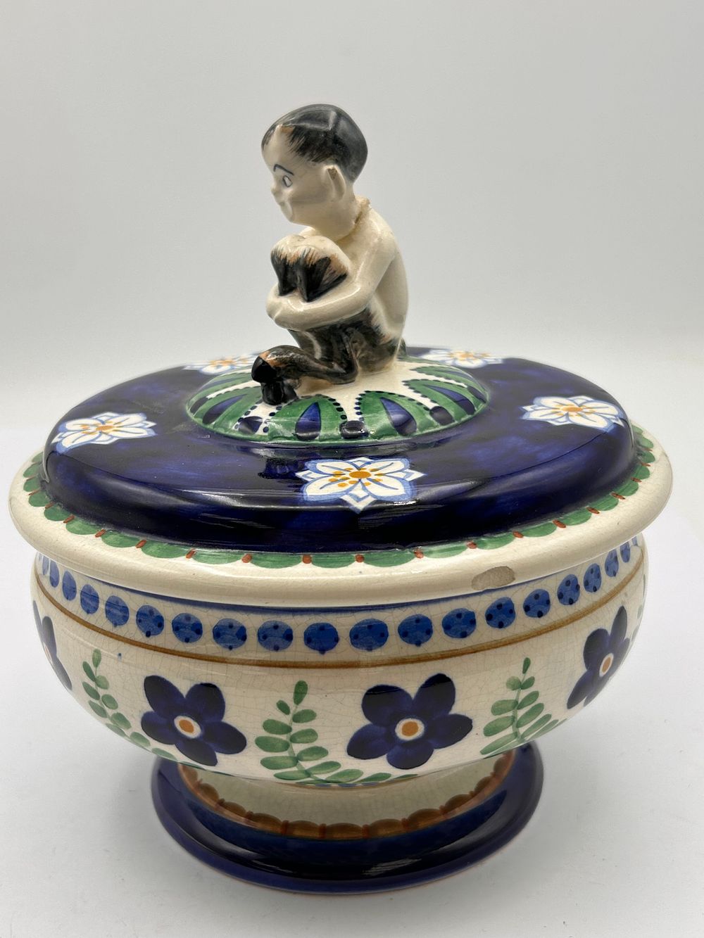 Lot 390: MP Copenhagen Denmark Earthenware Footed Lidded Bowl with Figural Finial