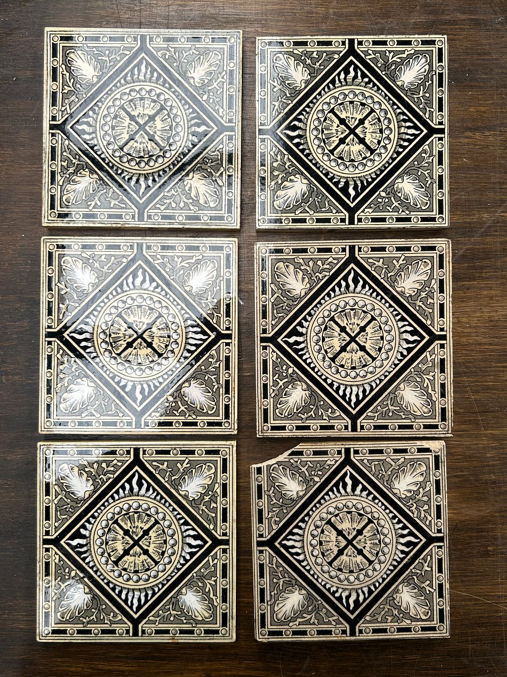 Lot 408: A Set of Six Victorian Minton Ceramic Tiles, Ornate Monochromatic Design
