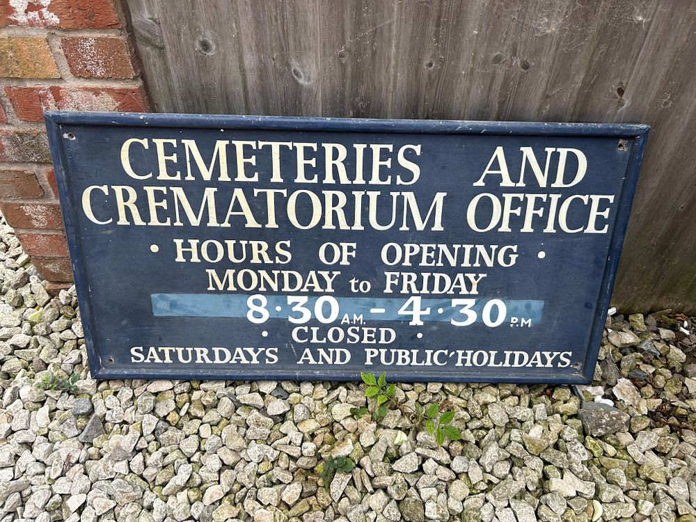 Lot 419: Vintage Painted Cemeteries and Crematorium Office Sign, 37 x 19”