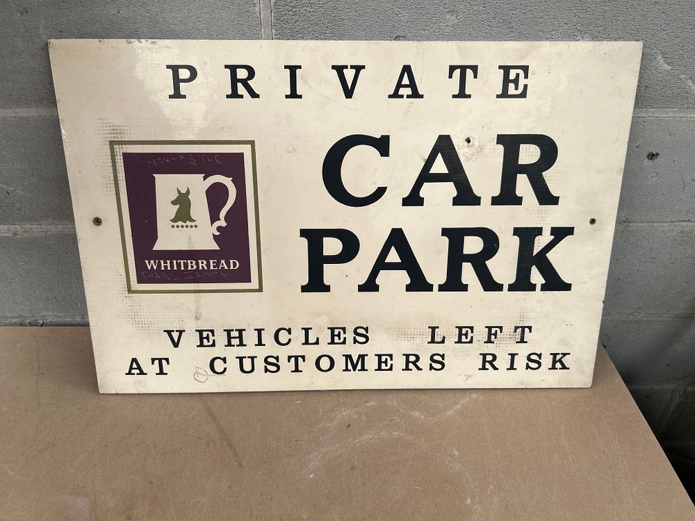 Lot 431: Vintage Whitbread 'Private Car Park' Painted Wood Sign, 24 x 16 inches