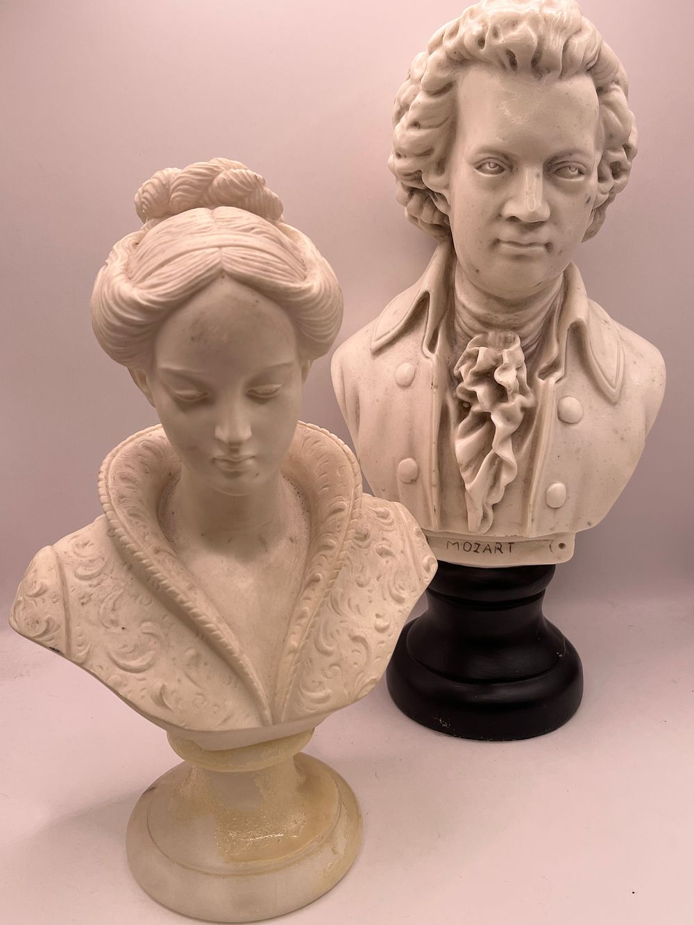 Lot 440: A Pair of A. Giannelli Recomposed Stone Busts, one depicting a Woman in a Medici Collar, the other Mozart