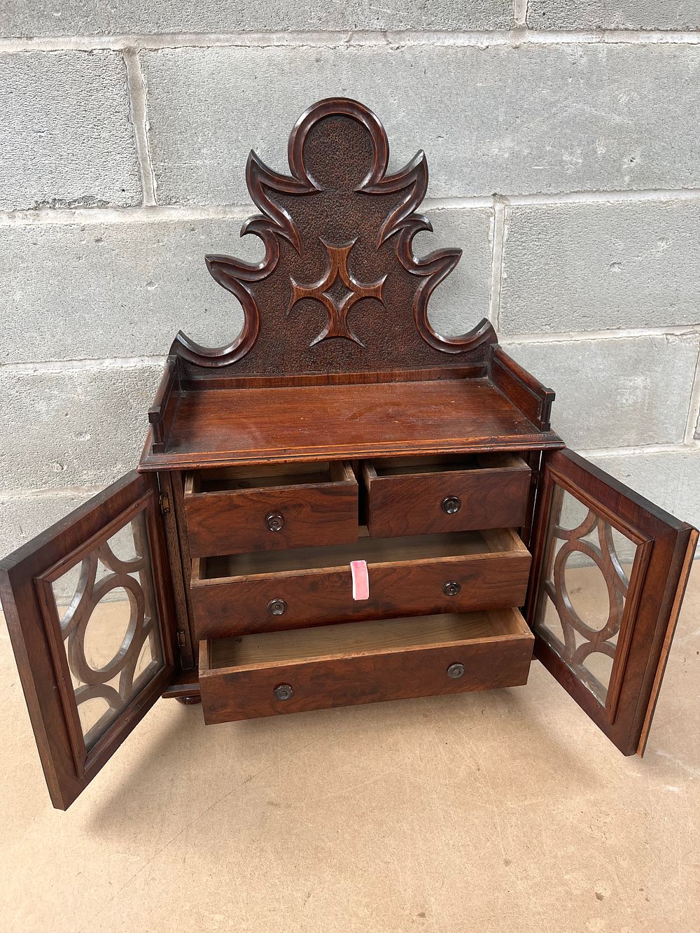 Lot 441: Victorian Carved Hardwood Tabletop Cabinet with Star of David Motifs 22 x 15 x 7”
