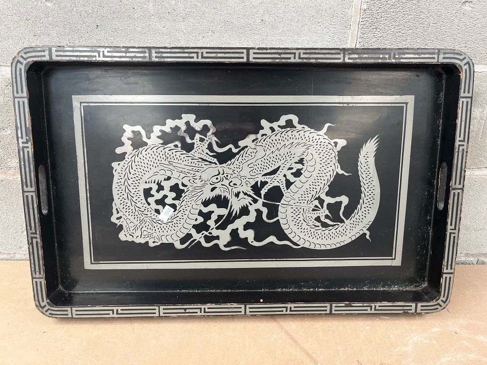 Lot 446: Vintage East Asian Black Lacquered Wood Dragon Serving Tray, 21.5” x 13.5”