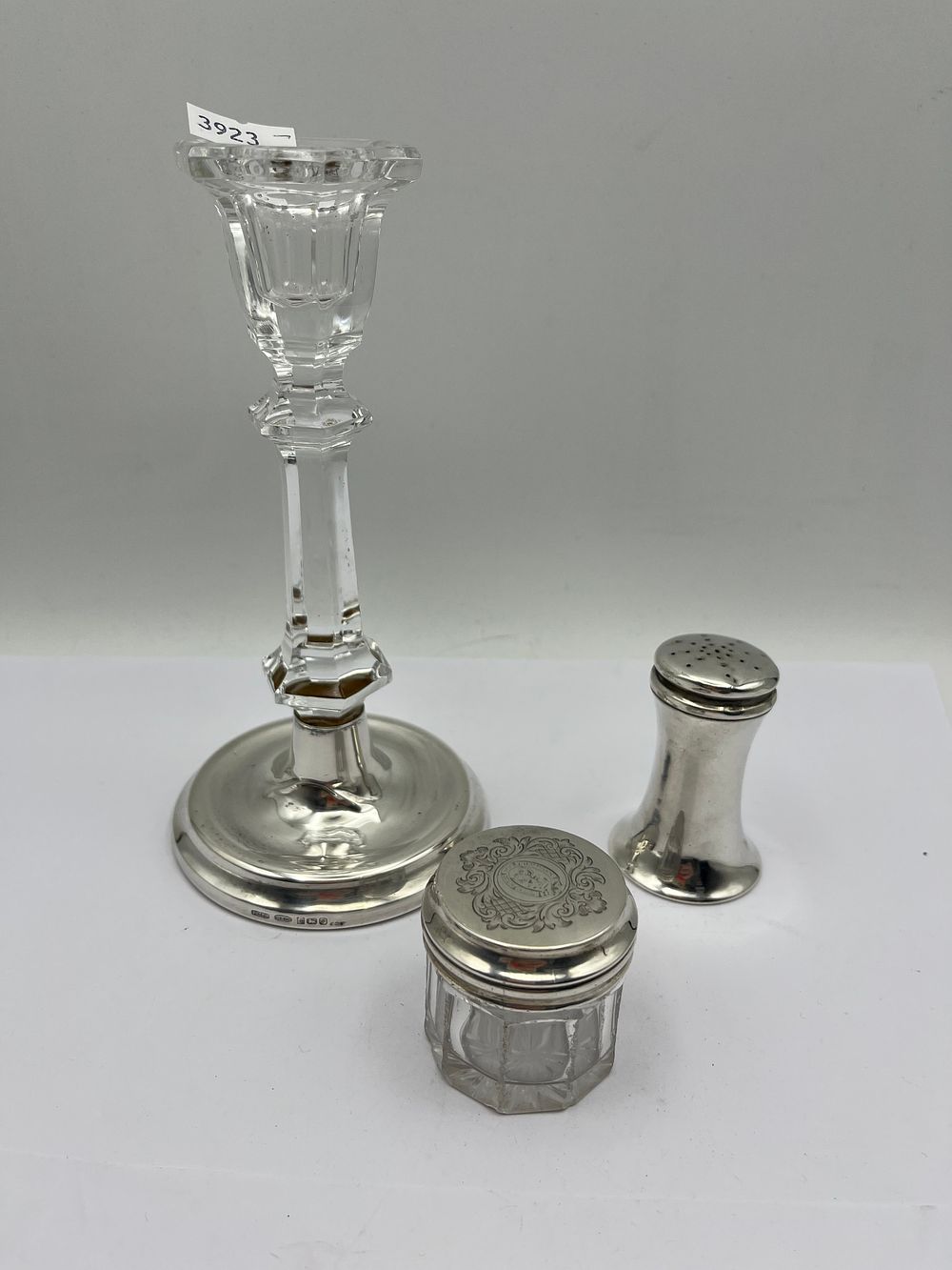 Lot 451: A Collection of Three British Silver and Cut-Glass Items