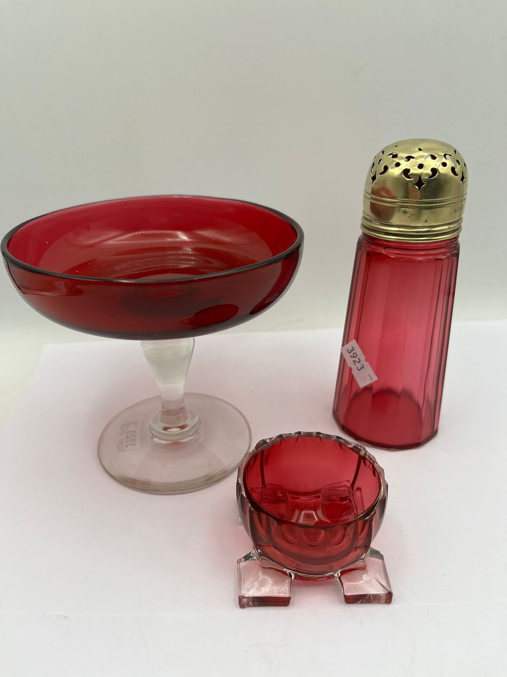 Lot 454: Three Ruby Red Venetian Murano Style Glass Decorative Items