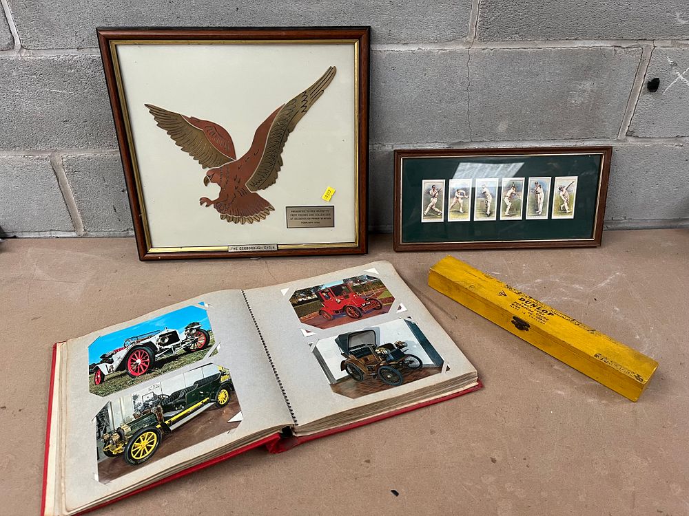 Lot 456: A Collection of Commemorative Plaque, Framed Cricket Cards, Automobile Photo Album, and Dunlop Tyre Gauge