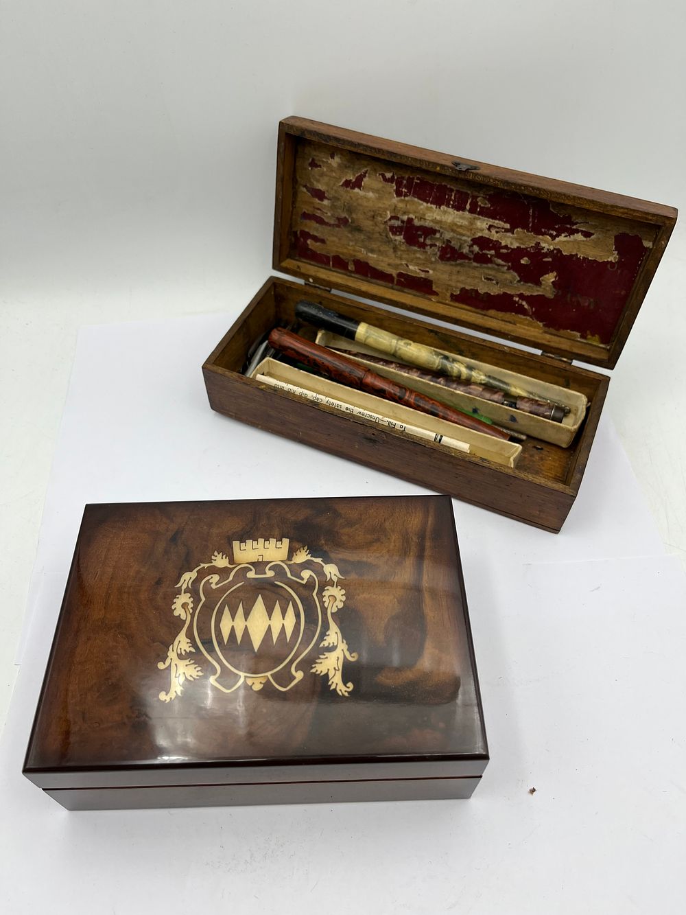 Lot 462: A Collection of Writing Instruments and Two Boxes, including a French Napoleon III Marquetry Box