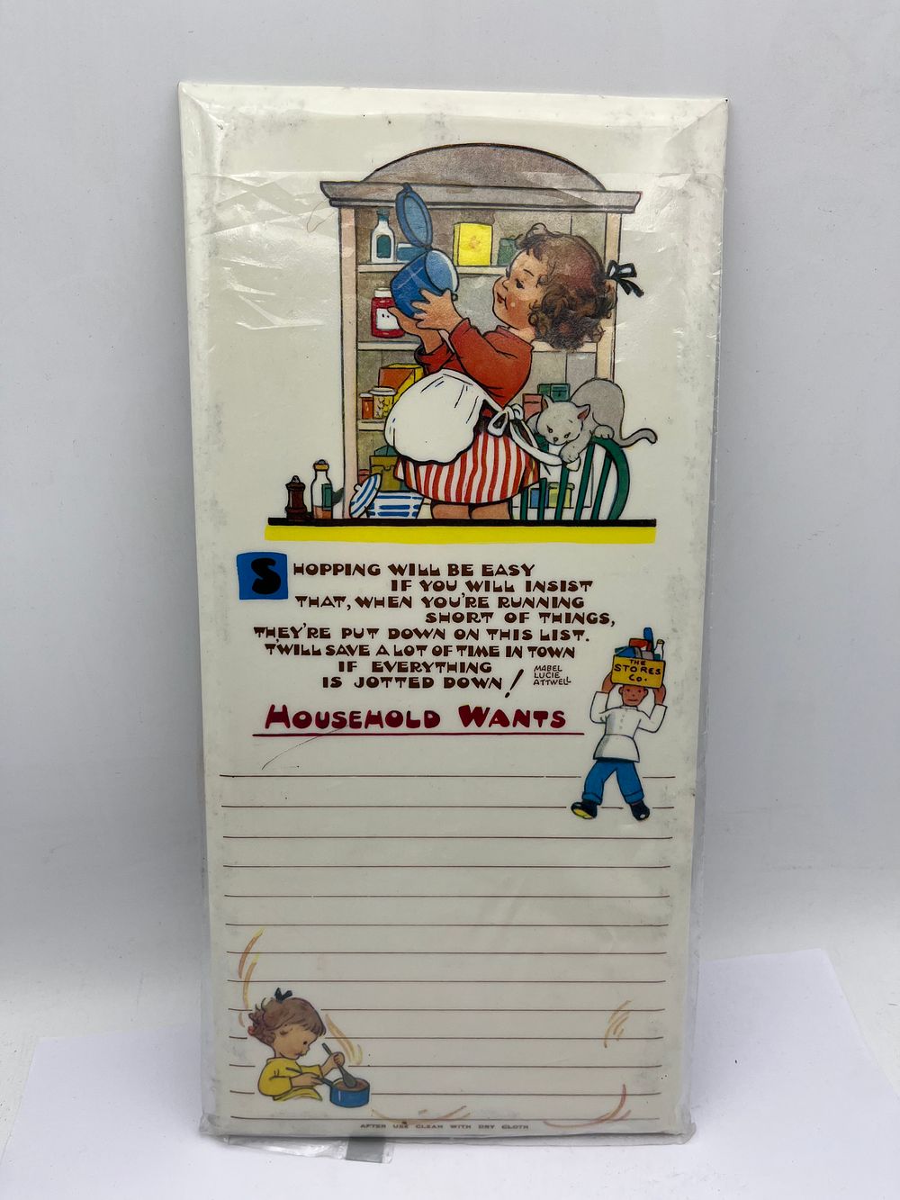 Lot 469: Vintage Mabel Lucie Attwell Celluloid Wipeable Shopping List Board, c. 1950s