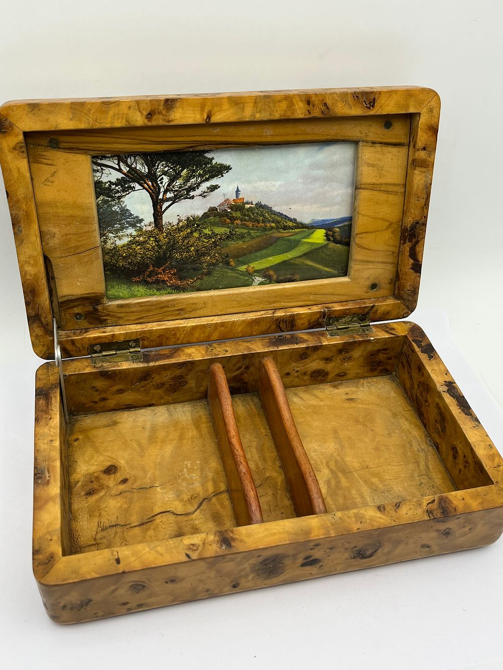 Lot 471: Thuya Burr Wood Jewelry Box with Landscape Print, 8.5 x 5 inches