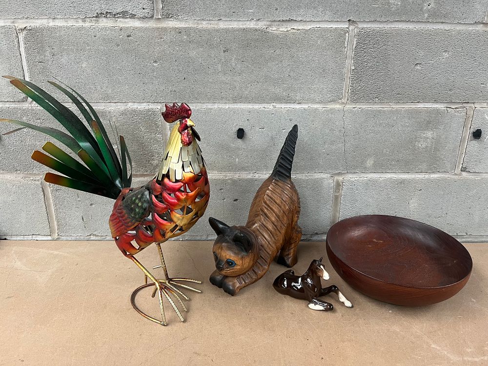 Lot 496: A Collection of Decorative Objects: A Beswick Horse, a 14" Tall Metal Rooster, a Carved Wooden Cat, and a Wooden Bowl