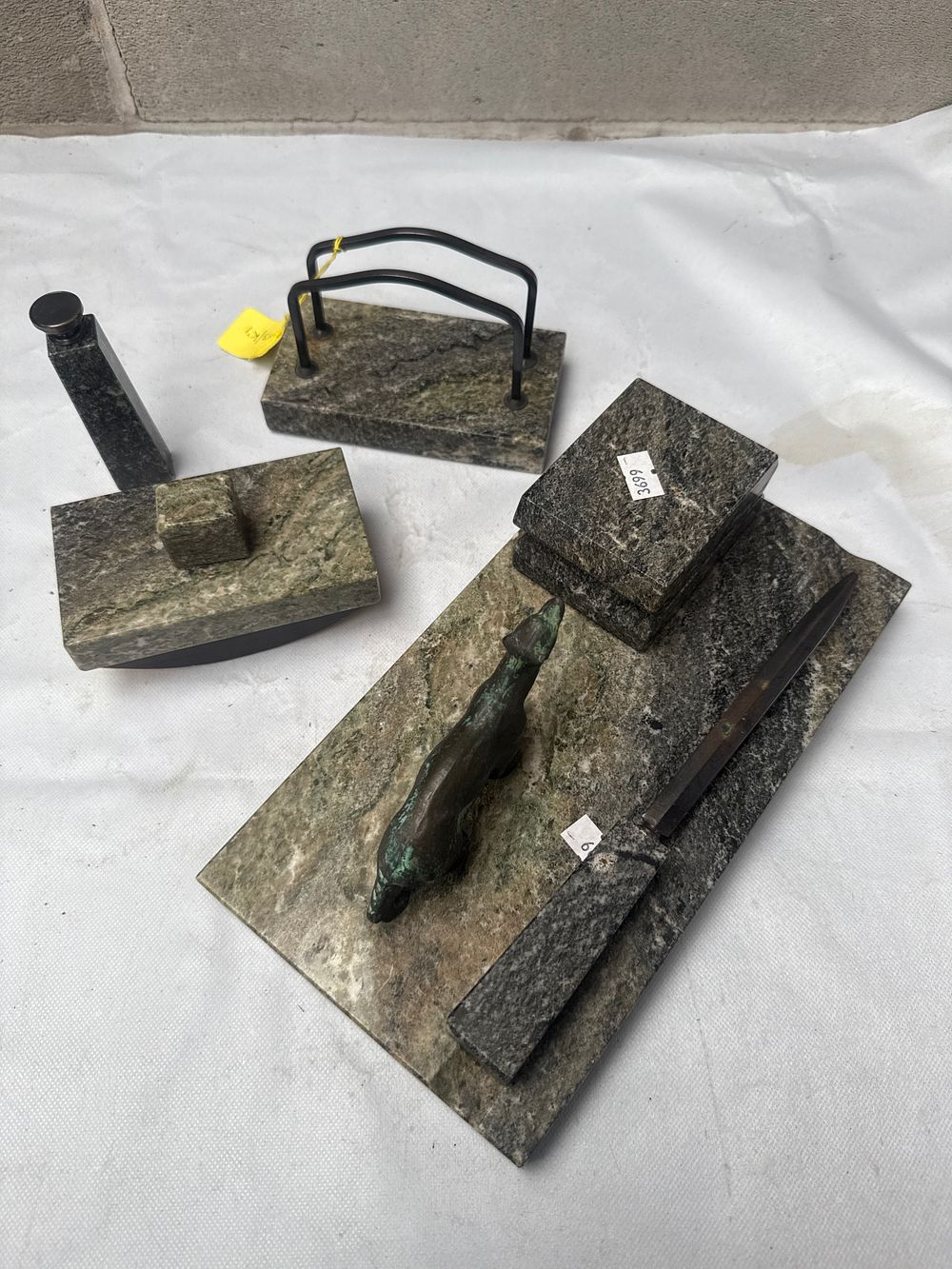 Lot 502: A Set of Marble and Patinated Bronze Desk Accessories, 20th Century, with Bear Figure