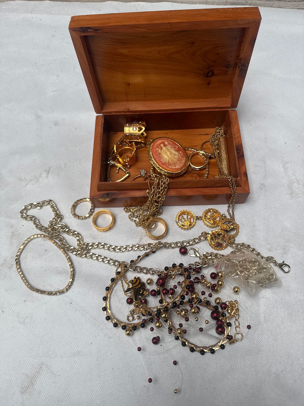 Lot 504: A Vintage Gold-Filled and Gold-Toned Jewelry Lot with Inlaid Wooden Box