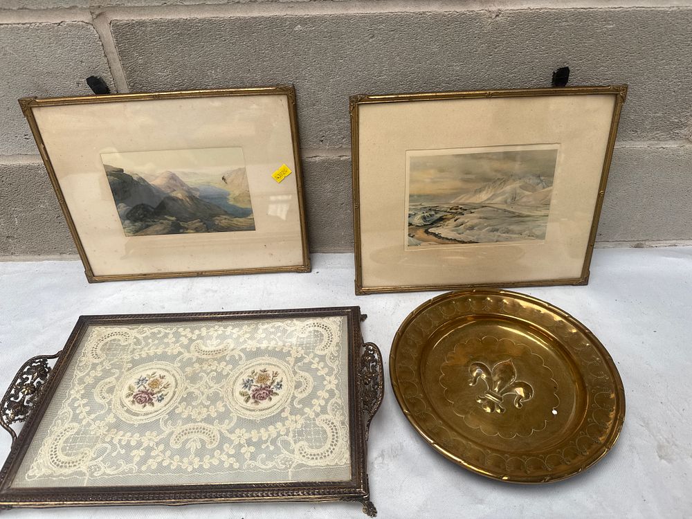 Lot 525: A Collection of Four Decorative Items, Including a Vintage Made In England Solid Brass Wall Plate, a Pair of Framed Landscape Scenes, and a Decorative Serving Tray