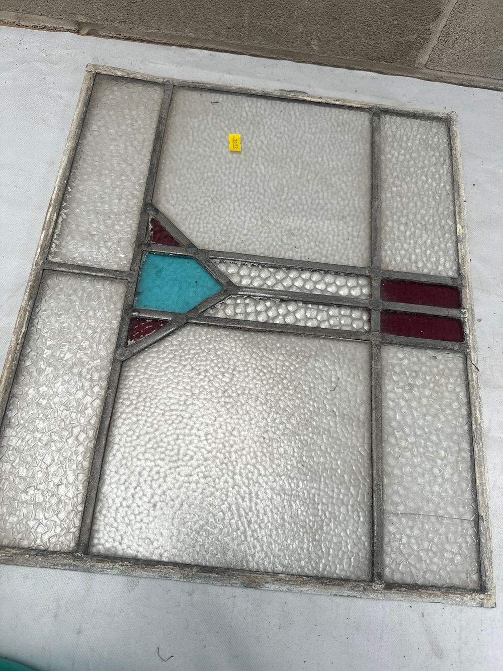 Lot 552: Old English Leaded Stained Glass Window, Geometric, 15.5 x 18.5 inches