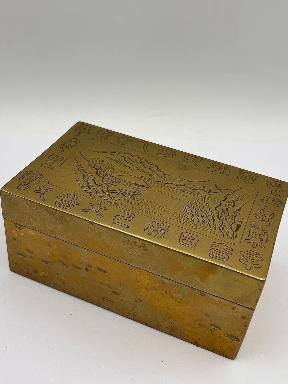 Lot 580: Chinese Brass Engraved Longevity Trinket Box