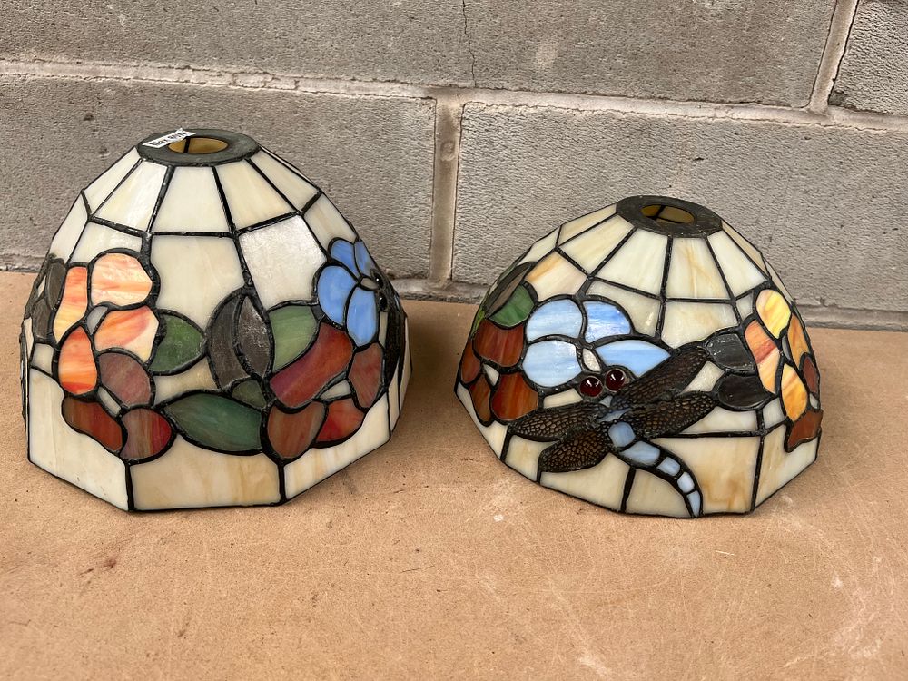 Lot 616: A Pair of Tiffany Style Stained Glass Lamp Shades, one with Dragonfly Motif