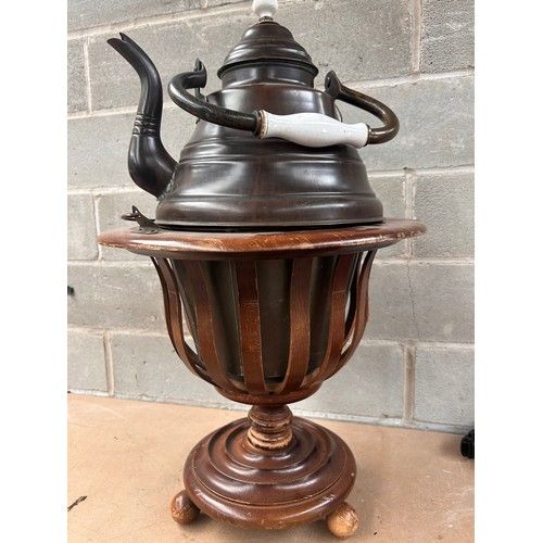 Lot 617: Late 19th/Early 20th Century Copper and Brass Samovar on Wooden Pedestal Base, 25” x 15”