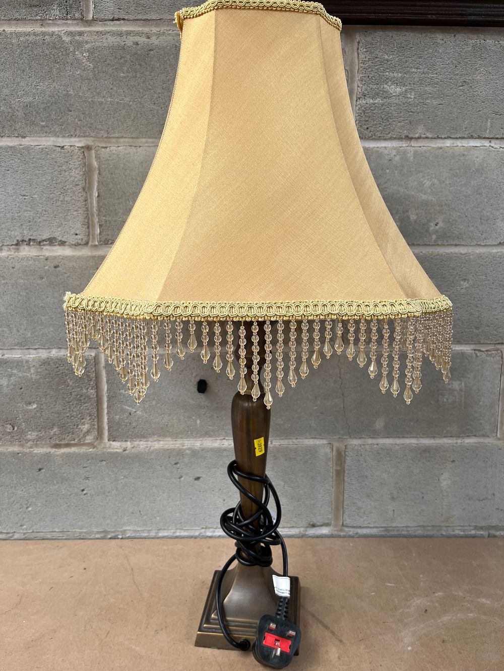 Lot 625: A Traditional Style Brass-Effect Table Lamp with Beaded Shade, 26" Tall