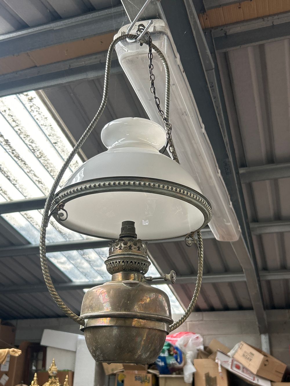 Lot 629: Late 19th/Early 20th Century Hanging Kerosene Lamp with Opaque Glass Shade
