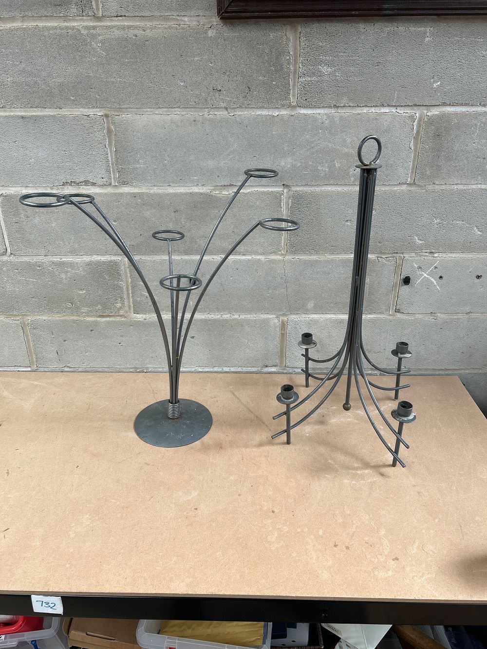 Lot 632: A Pair of Mid-20th Century Abstract Metal Candle Holders and Vase Stand