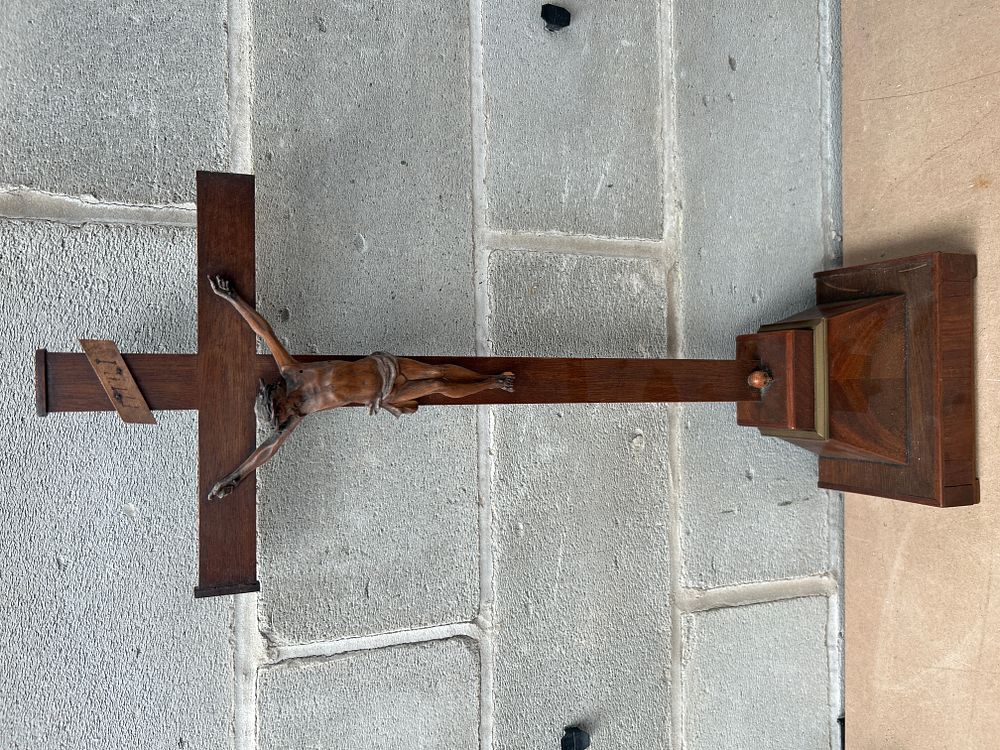 Lot 675: A Carved Wood Corpus and Stained Wood Crucifix on Pedestal Base