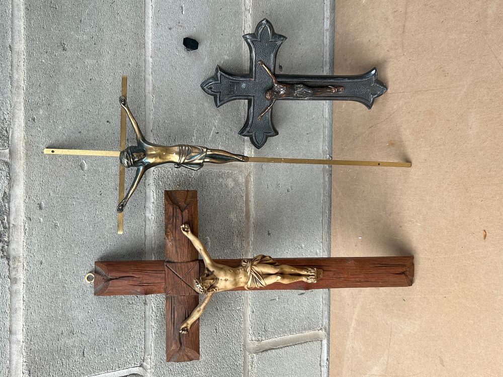Lot 676: Three Vintage Wooden, Brass, and Cast Metal Crucifixes, circa 1940s