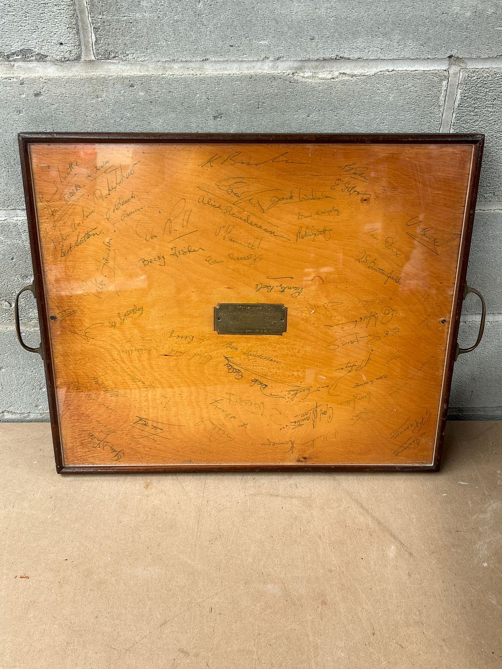 Lot 696: Commemorative Wooden Tray with Signatures, Dated 1958, Dare to Call Last Orders During The Albion Siege, 21 x 16”