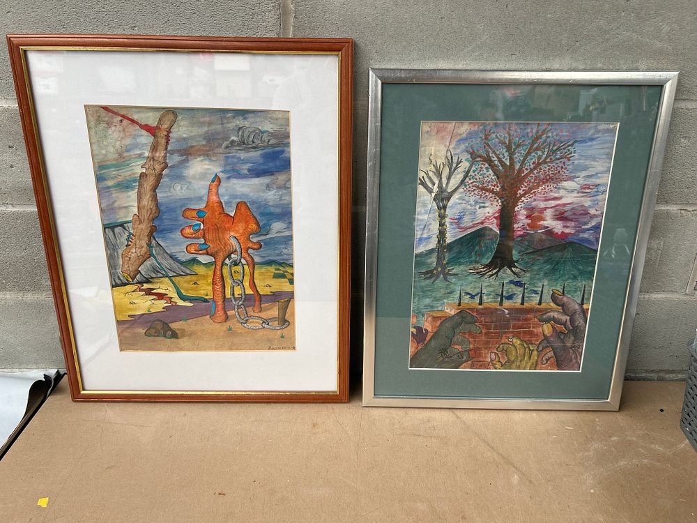 Lot 698: A Pair of Surrealist Mixed Media Works by Douglas Earle, Dated 1974 and 1980