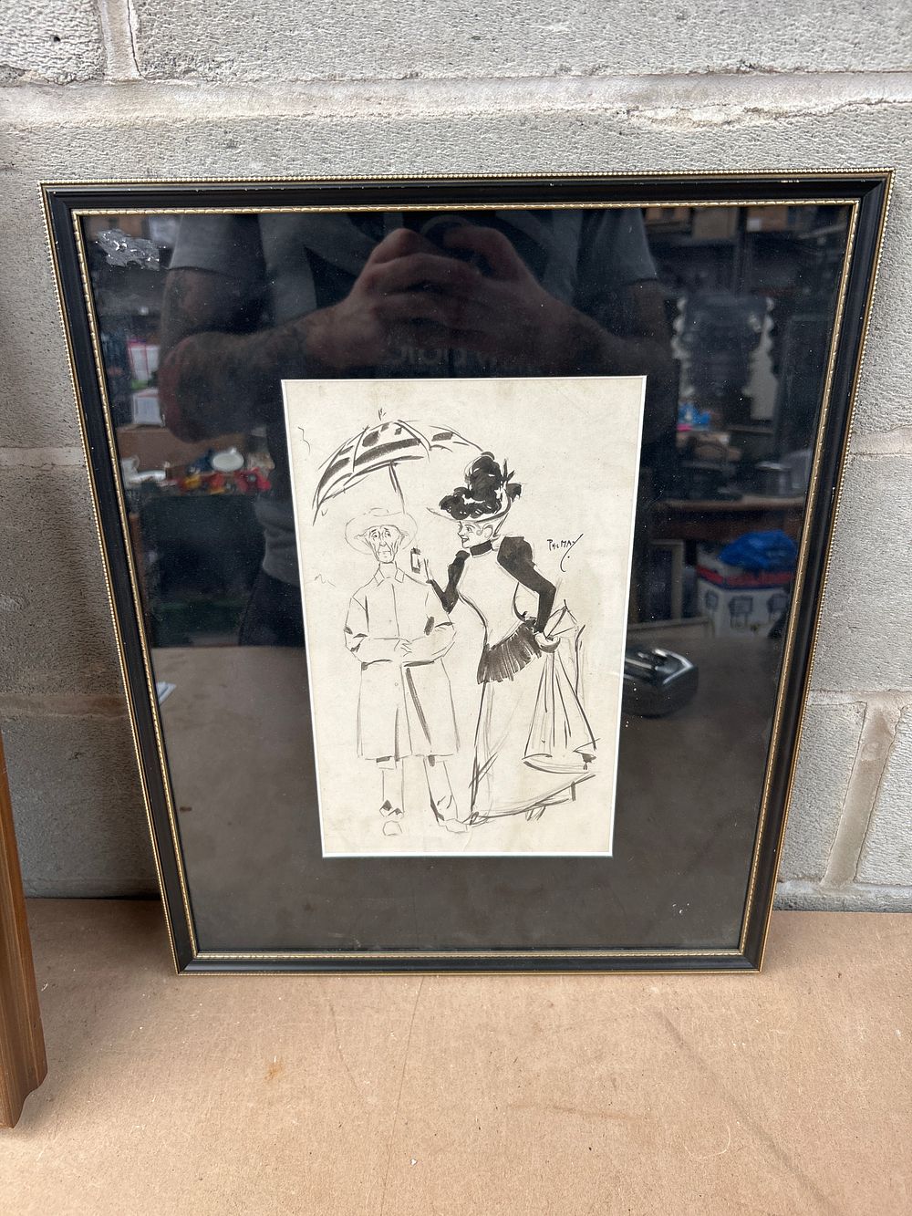 Lot 700: Phil May (British, 1864-1903), Ink on Paper Caricature of a Couple with Parasol