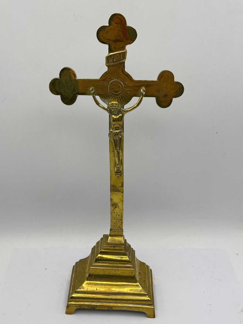 Lot 442: A Traditional Brass Standing Crucifix with Quatrefoil Ends, INRI, 12” x 5”