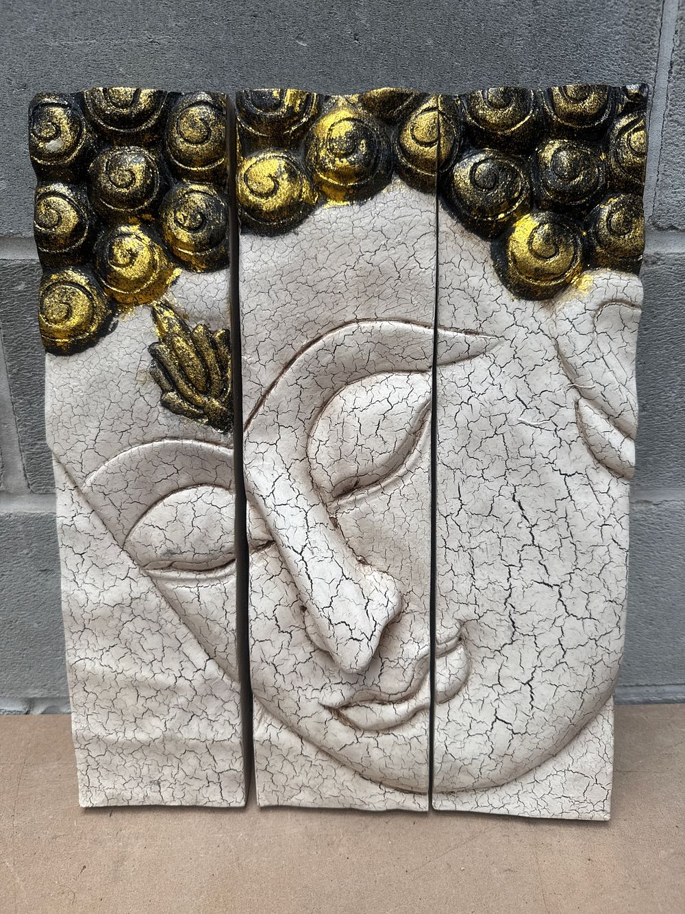 Lot 333: AeraVida Silver Crackle Buddha Face Three-Panel Hanging Handmade Wall Art, Each Panel 4 x 15 Inches