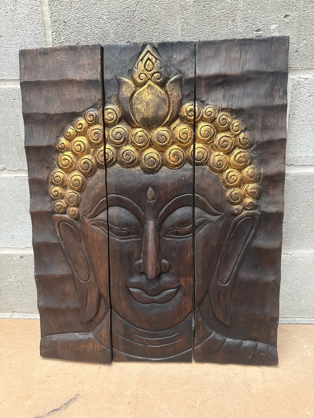 Lot 336: Three-Panel Monkey Pod Wood Mocha Oil Serene Buddha Wall Art