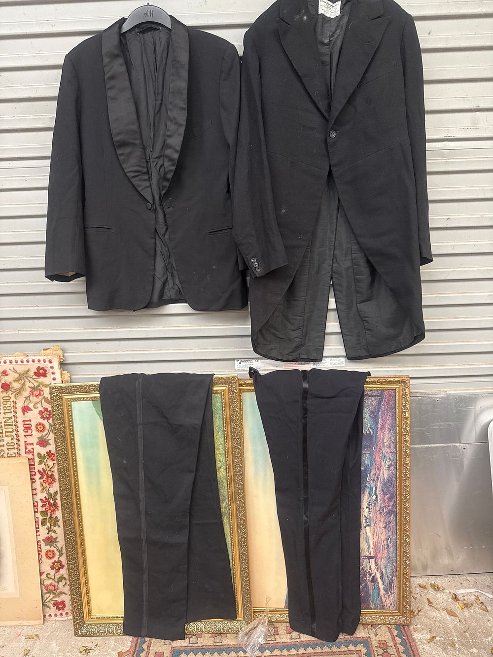 Lot 338: A Collection of Gentlemen's Formalwear, including a Vintage Billings, Edmonds & Co. Tailcoat, with Two Framed Artworks and an Embroidered Sampler