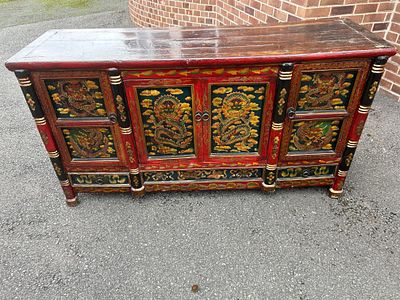Tibetan Painted Four-Door Cabinet, 19th Century 64.5 x 34 x 20". A Tibetan painted four-door 